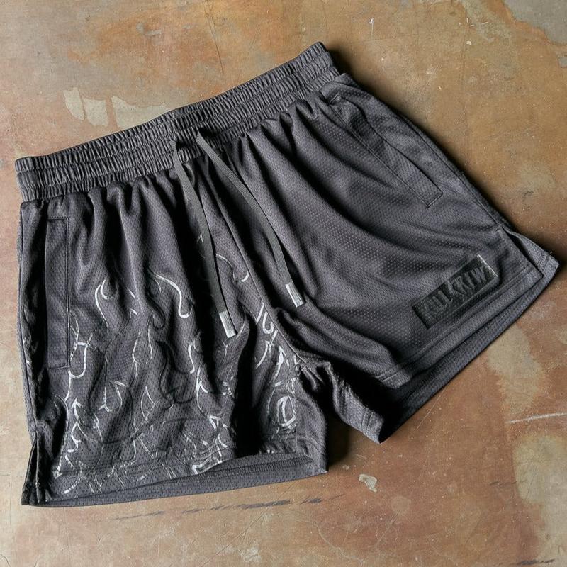 [Kill Crew] Muay Thai Shorts Flame - Blackout, Unisex, Mid Thigh Cut, Pockets, Gym Shorts, Elastic Waistband, Long drawcord with wax tips