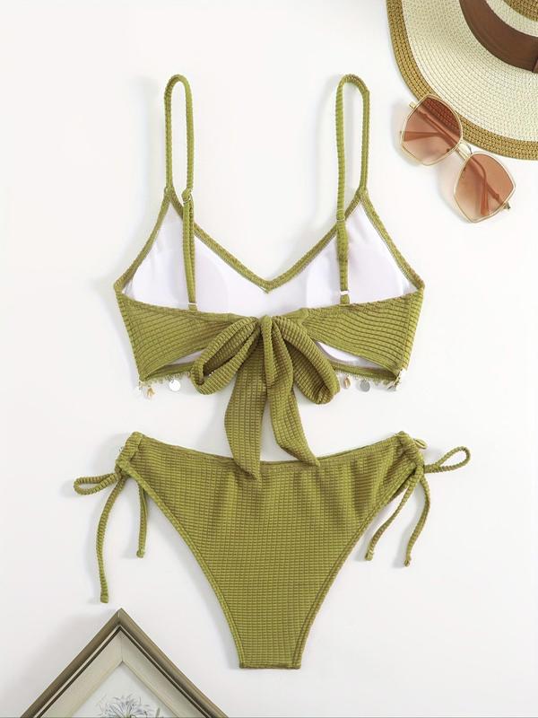 Two-Piece Set Women's Plain Shell Decor Bikini Set, Casual Sleeveless Tie Back Bikini Top & Tie Side Swim Thong, Swimsuit for Women, Fashion Chic Ladies Bathing Suit for Summer Beach Holiday Vacation