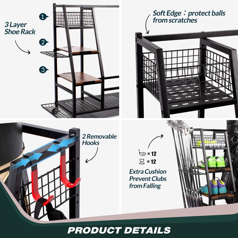 Sttoraboks Golf Bags Storage Garage Organizer, Golf Bag Rack Fits 3 Golf Bags and Golf Equipment Accessories, Golf Club Storage Stand with Wooden Shelf and Lockable Wheels for Garage Indoor Basement