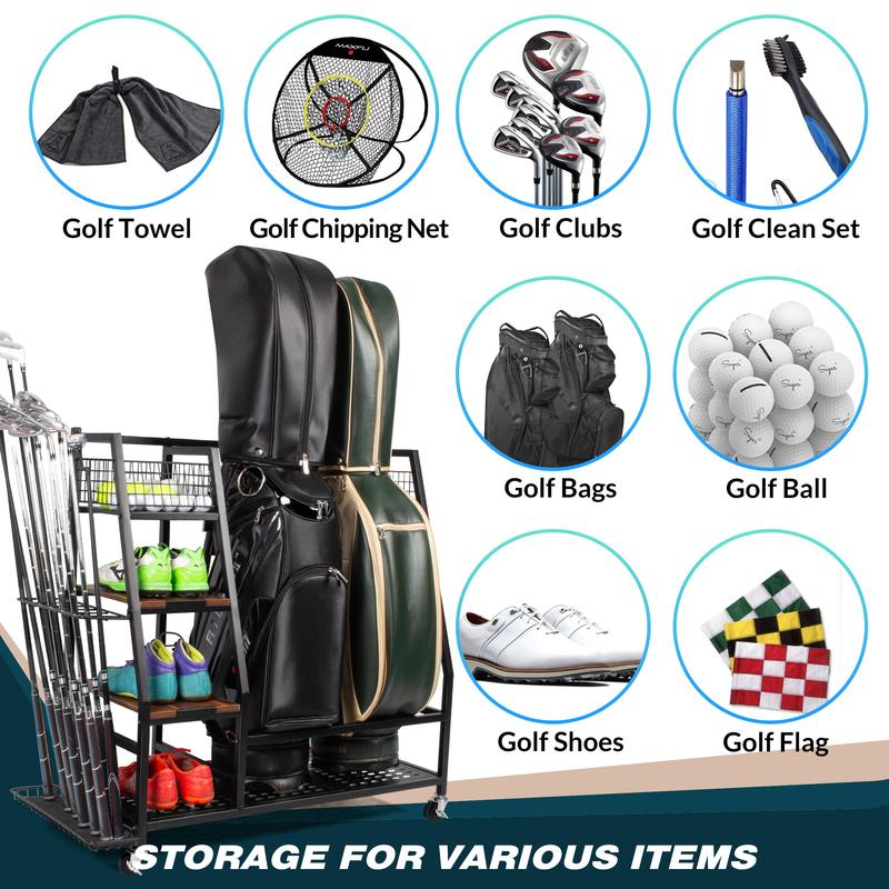 Sttoraboks Golf Bags Storage Garage Organizer, Golf Bag Rack Fits 3 Golf Bags and Golf Equipment Accessories, Golf Club Storage Stand with Wooden Shelf and Lockable Wheels for Garage Indoor Basement