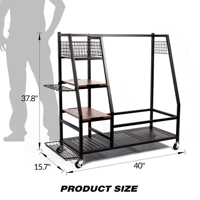 Sttoraboks Golf Bags Storage Garage Organizer, Golf Bag Rack Fits 3 Golf Bags and Golf Equipment Accessories, Golf Club Storage Stand with Wooden Shelf and Lockable Wheels for Garage Indoor Basement