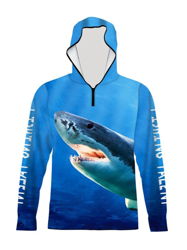 Men's All Over Print Zip Up Hooded Rashguard, Regular Fit Casual Sporty Breathable Long Sleeve Hooded Top for Summer, Men's Sportswear for Outdoor Fishing