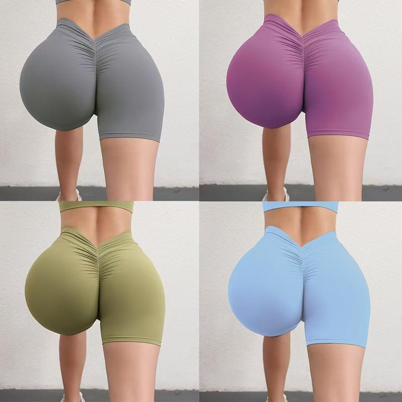 Solid color waist back V wrinkle lift buttock nude three-part pants High spring yoga pants Breathable quick-drying fitness shorts for women