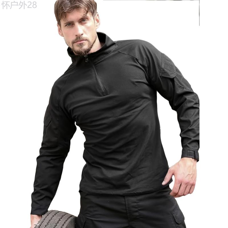 Men's Tactical Training Top - Long Sleeve Cotton Stretch Shirt with Half Zipper, Side Pockets, and Stand Collar for Outdoor Sports and Fitness - Breathable, Moisture-Wicking, and Quick-Drying