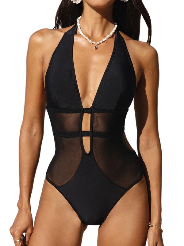 CUPSHE Women's One Piece Swimsuit Bathing Suit Deep V Neck Halter Back Tie Mesh Swimwear