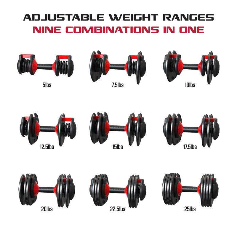 SmartBell 2-Pack, Two 25lbs. Quick-Select 9 in 1 Adjustable Dumbbell for Home Gym, 5-25lbs. Weight in 2.5lbs Increments