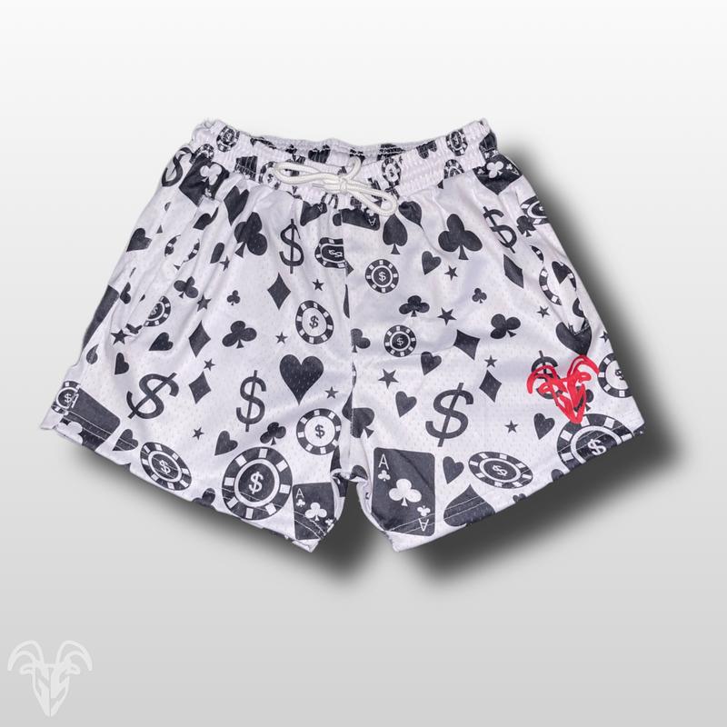 Goat Strength Casino Themed Mesh Gym Shorts - 5 inch inseam shorts   graphic shorts w zipper pockets - Athletic Shorts with cards hearts poker chips