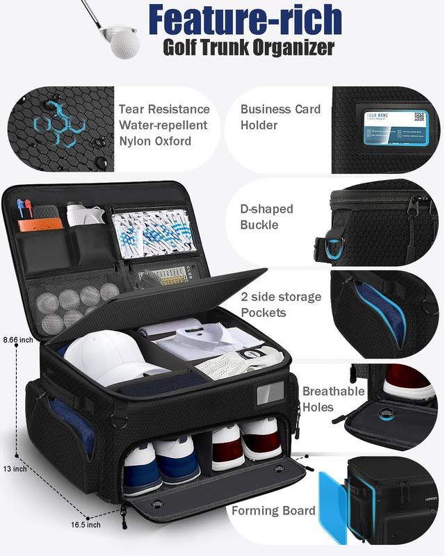 Golf Trunk Organizer, Waterproof Car Golf Locker with Separate Ventilated Compartment for 2 Pair Shoes, Golf Storage for Balls, Tees, Cap, Clothes, Gloves, Accessories, Gifts for Men, Women