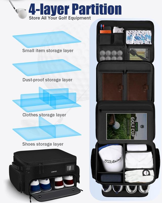 Golf Trunk Organizer, Waterproof Car Golf Locker with Separate Ventilated Compartment for 2 Pair Shoes, Golf Storage for Balls, Tees, Cap, Clothes, Gloves, Accessories, Gifts for Men, Women