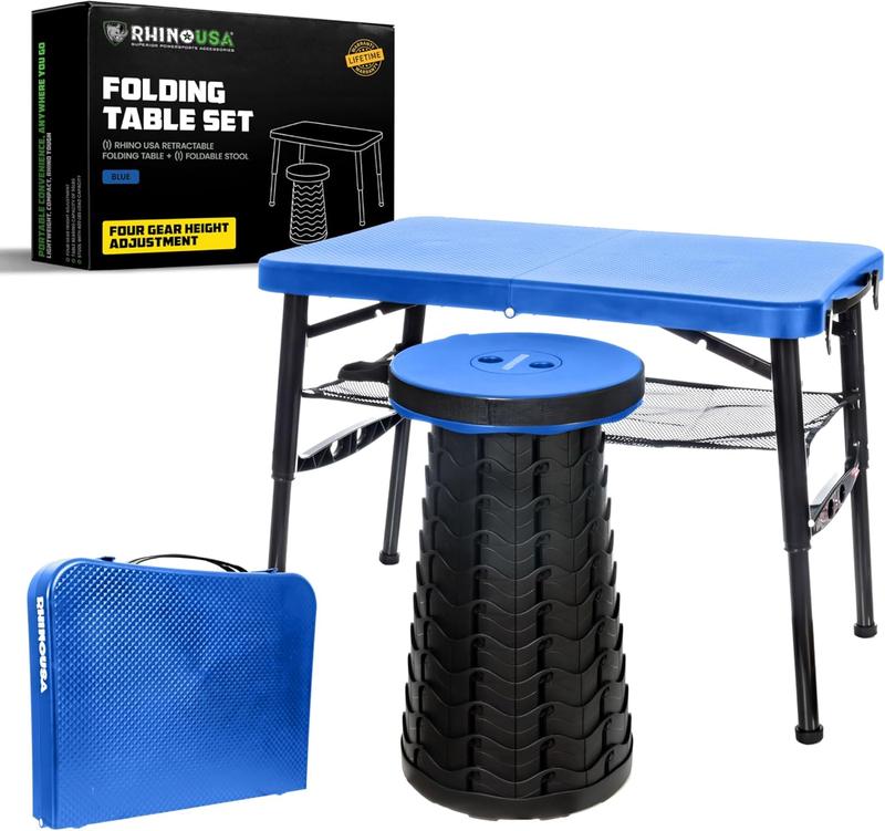 Rhino USA Portable Camping Table and Stool Set - Lightweight Foldable Camp Tables with Net for Beach Trips, Fishing, Picnic, Cooking & Much More