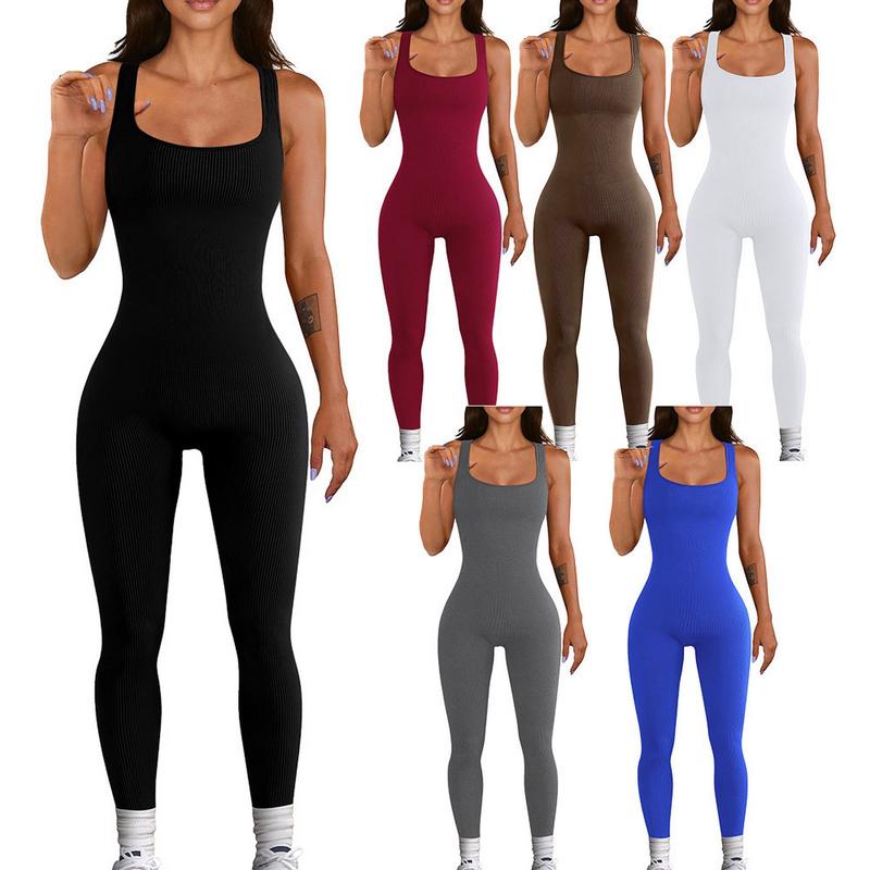 Women Workout Seamless Jumpsuit Yoga Ribbed Bodycon One Piece Square Neck Leggings Romper Jumpsuits