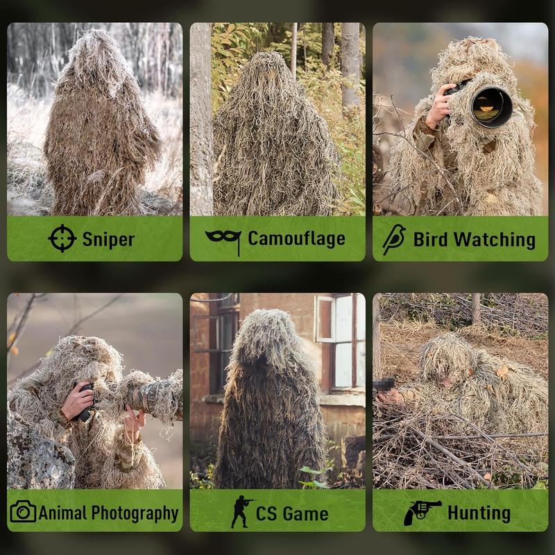 6 in 1 Ghillie Suit, 3D Camouflage  Apparel Including Jacket, Pants, Hood, Carry Bag and Camo Tapes