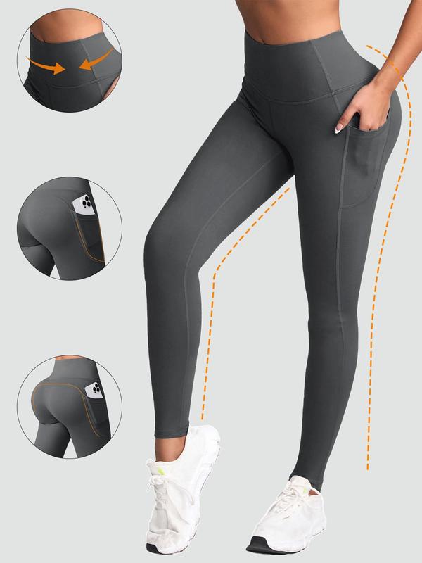 Women's Solid High Waist Pocket Sports Leggings, Sporty Comfy Breathable Skinny Pants for Yoga Gym Workout, Ladies Sportswear for All Seasons