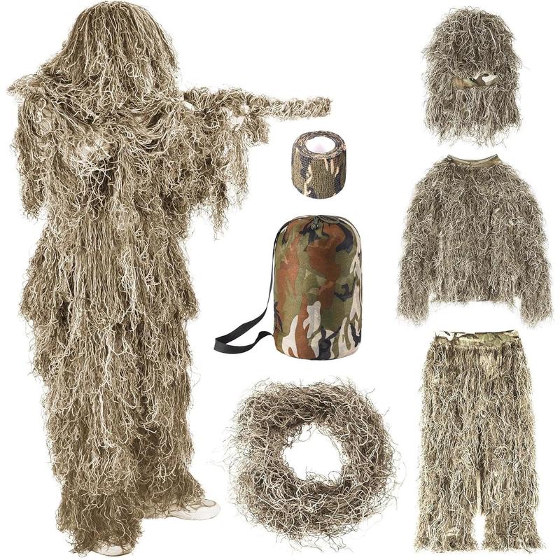 6 in 1 Ghillie Suit, 3D Camouflage  Apparel Including Jacket, Pants, Hood, Carry Bag and Camo Tapes