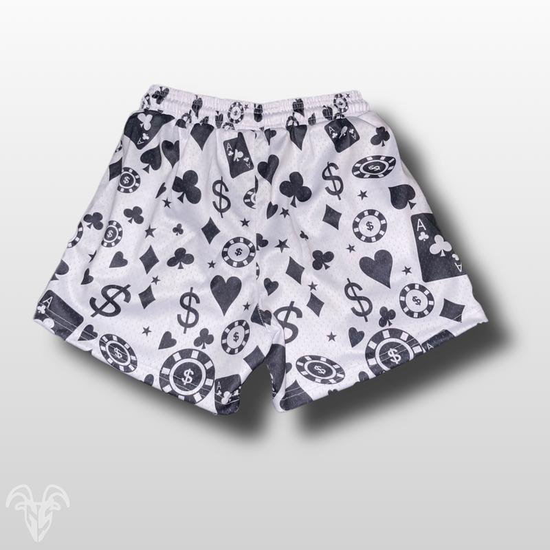 Goat Strength Casino Themed Mesh Gym Shorts - 5 inch inseam shorts   graphic shorts w zipper pockets - Athletic Shorts with cards hearts poker chips