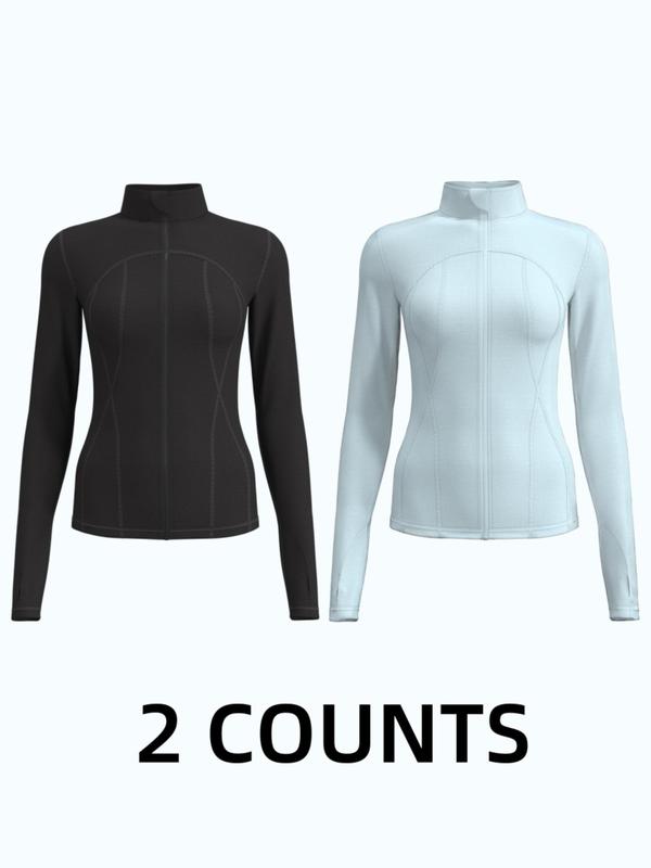 Women's Solid Zip Up Thumb Hole Sports Jacket, Long Sleeve Stand Collar Outerwear for Yoga Gym Workout, Ladies Sportswear for All Seasons