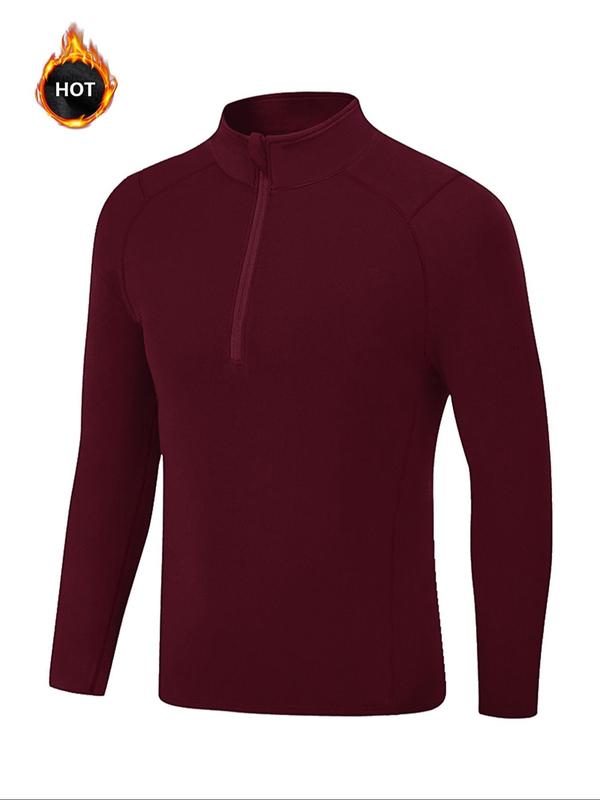 Men's Solid Zip Up Thermal Lined Sports Tee, Casual Long Sleeve Half Zip Pullover for Running Training, Men's Sportswear for All Seasons