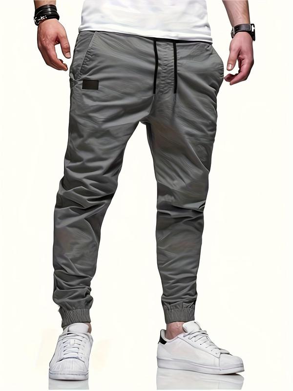 Men's Solid Patched Drawstring Waist Sports Joggers, Sporty Comfy Pocket Design Jogger Pants for Outdoor Workout Running, Men's Sport & Outdoor Clothing for Fall & Winter