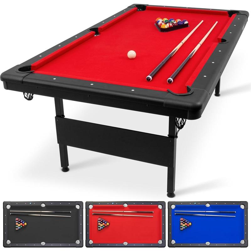 6, 7, or 8 ft Billiards Table - Portable Pool Table - includes Full Set of Balls, 2 Cue Sticks, Chalk and Felt Brush; Choose Size and Color