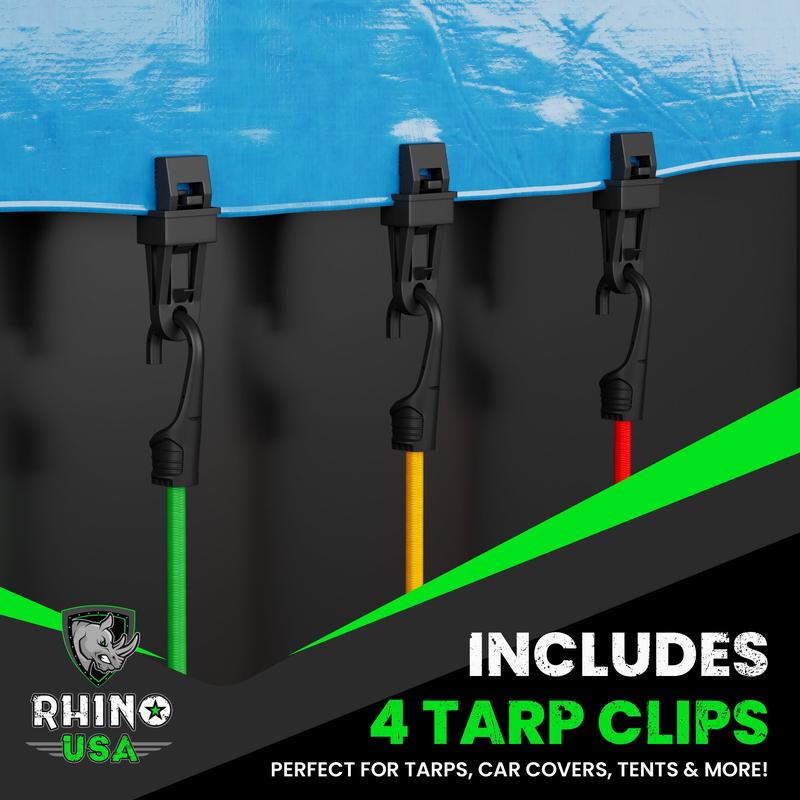 Rhino USA Bungee Cords with Hooks - Heavy Duty Outdoor 28pc Assortment with 4 Free Tarp Clips, Drawstring Organizer Bag, Canopy Ties & Ball Bungees