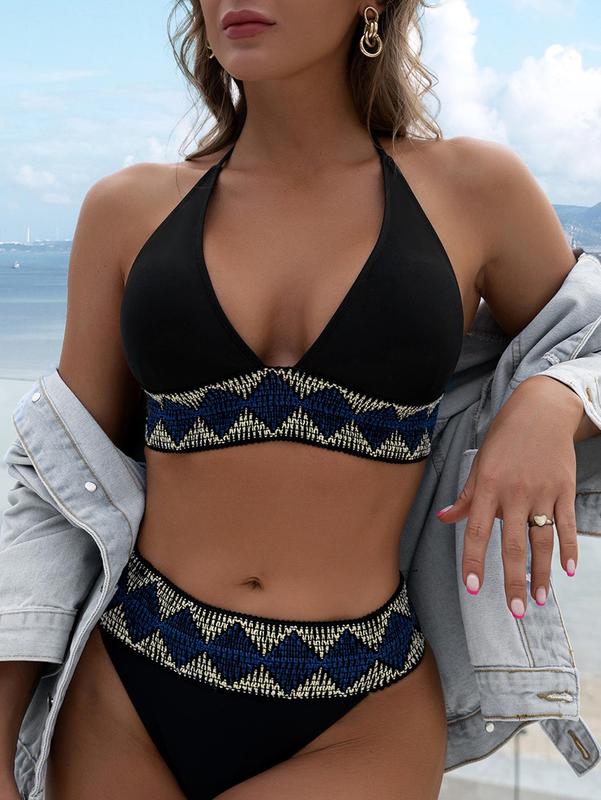 Women's 2pcs Geometric Print Bikini Top & High Waist Swim Bottom, Tie Back Halter Swimwear Top & Panty, Summer Beach Vacation Swimsuit Set