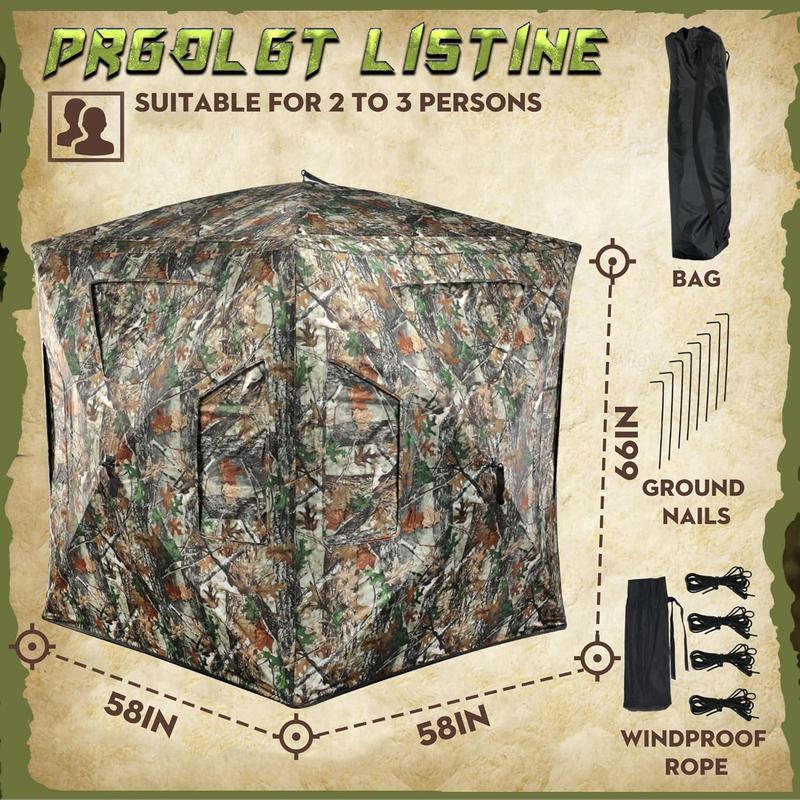 Hunting Blind, 360 See Through Ground Blind, 2-3 Person Pop Up Blind, Portable Durable Hunting Ground Blinds for Deer & Turkey Hunting