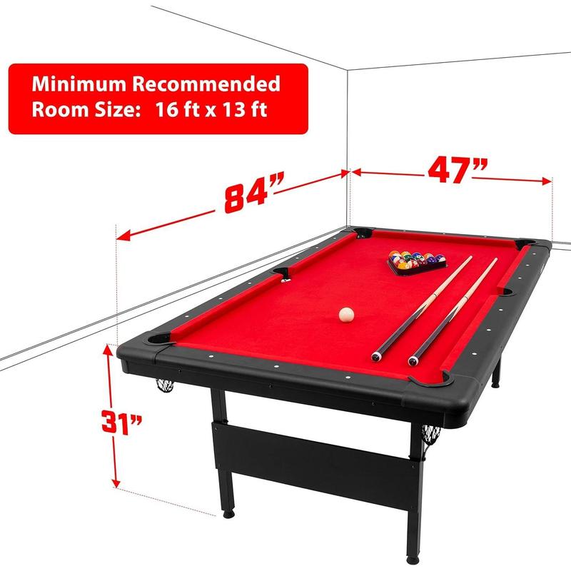 6, 7, or 8 ft Billiards Table - Portable Pool Table - includes Full Set of Balls, 2 Cue Sticks, Chalk and Felt Brush; Choose Size and Color