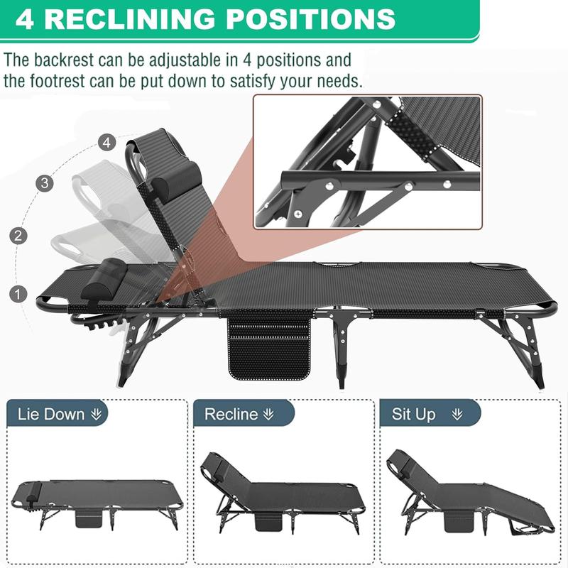 Portable Folding Camping Cot, Adjustable 4-Position Adults Reclining Folding Chaise with Pillow, Outdoor Portable Folding Lounge Chair Sleeping Cots Bed for Camping, Pool, Beach, Patio