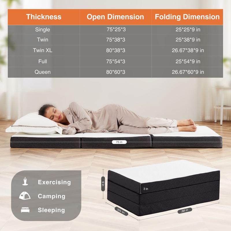 HomeSquad Folding Mattress, Tri-fold Memory Foam Mattress Topper for Camping, Foldable Mattress Topper with Washable Cover