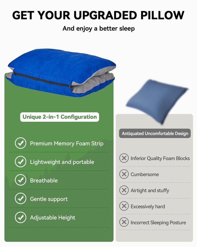 Inflatable Camping Pillow with Memory Foam and Washable Cover Camping Gear and Travel Pillow for Airplanes, Camping