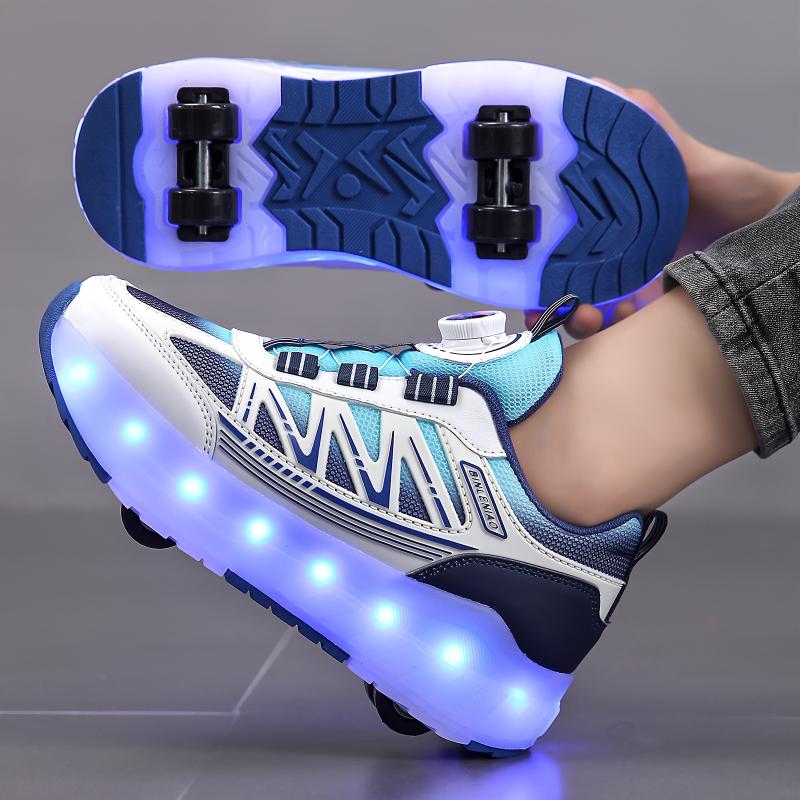 Trendy Cool Low Top Roller Skateboard Shoes With Rechargeable LED Light & Rotating Button For Boys Girls, Breathable Lightweight Wear-resistant Removable Roller Skates For Indoor Outdoor Party, All Seasons