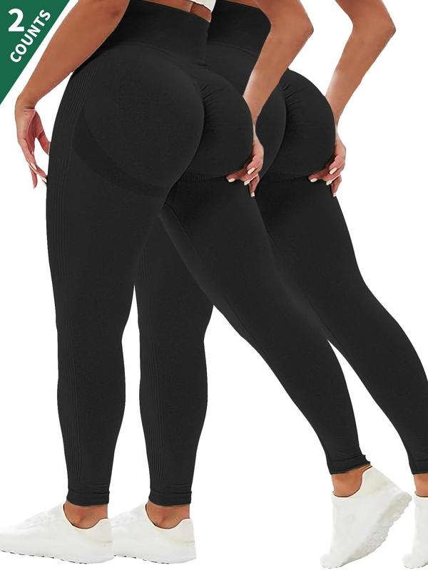 Plus Size Solid Ruched Sports Leggings, High Stretch Yoga Leggings, Ladies Sportswear for Indoor Outdoor Wear