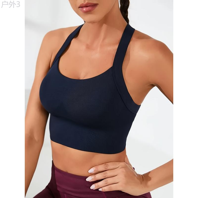 Sexy Backless Cross Strap Sports Bra, Workout Solid Color Training Bra, Women's Activewear