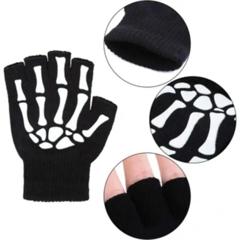 Skeleton Pattern Hand Gloves, 1 Pair Half Finger Comfortable Gloves, Winter Warm Cycling Gloves, Sports Gloves for Men & Women