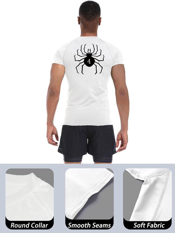 Men's Spider & Number Print Round Neck Sports Tee, Regular Fit Casual Breathable Short Sleeve T-shirt, Mens Clothing for Gym Workout Running