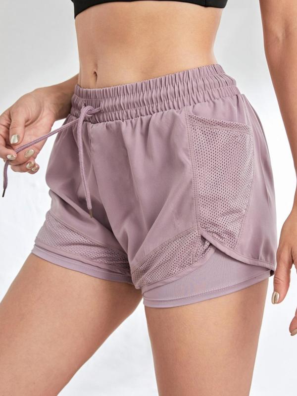 Women's Plain Drawstring Waist Sports Gym Shorts, Casual Pocket Hollow Out Shorts for Workout Running Gym, Ladies Sportswear for Summer