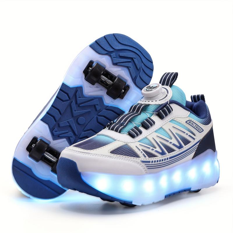 Trendy Cool Low Top Roller Skateboard Shoes With Rechargeable LED Light & Rotating Button For Boys Girls, Breathable Lightweight Wear-resistant Removable Roller Skates For Indoor Outdoor Party, All Seasons