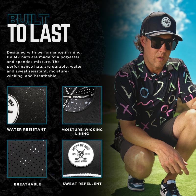 BRIMZ Golf Performance Hat - Tee Holder & Magnetic Ball Marker - Breathable, Sweat & Water Resistant Golfing Snapback Hat