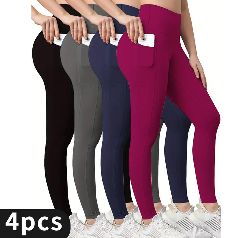 4-Pack Women's High-Waisted Yoga Leggings with Pockets, Multi-Color Tummy Control Workout Pants for Fall & Winter