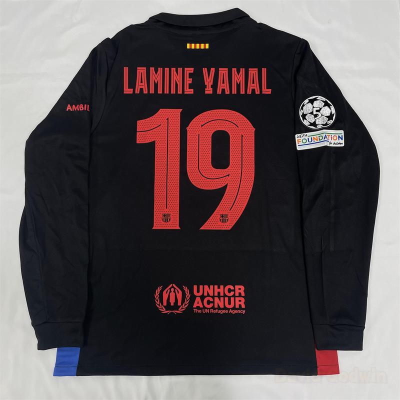 NIKE 24-25 Season FC Barcelona Long Sleeve Soccer Jersey No.19 Lamine Yamal Fans Version Black Away Football Jersey Quick Drying