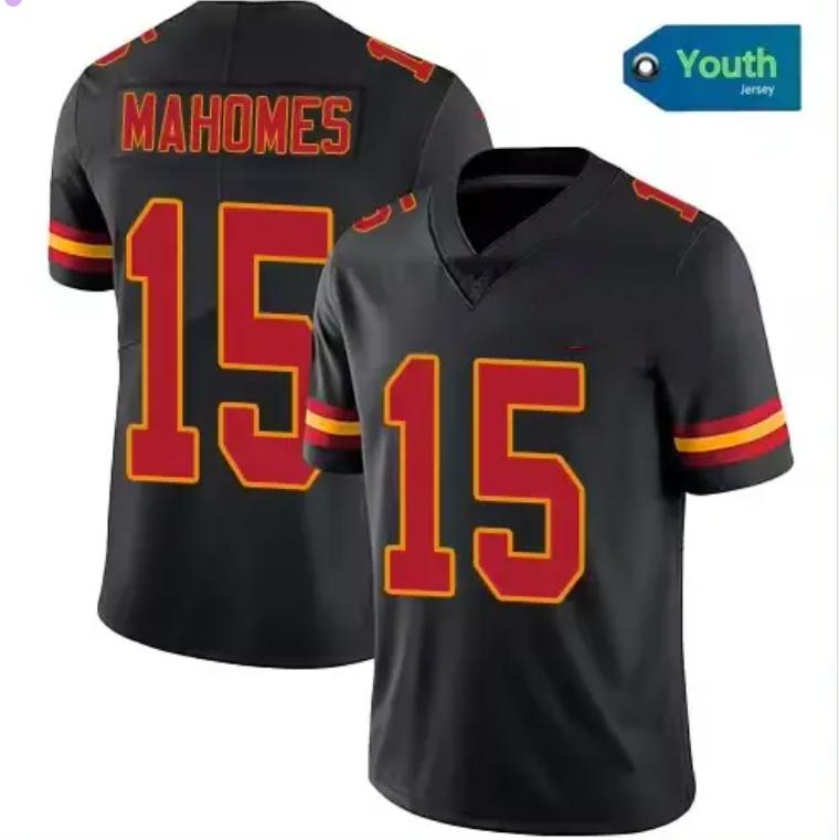 Junior Kids No. 15  Patrick Mahomes High quality American red, black and white stitched soccer jersey