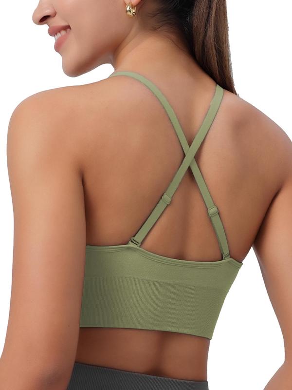 Women's Criss Cross Backless Deep V Neck Sports Bra, Solid Adjustable Strap Removable Padded Sports Bra, Gym Clothes, Ladies Sportswear for Indoor Outdoor Wear