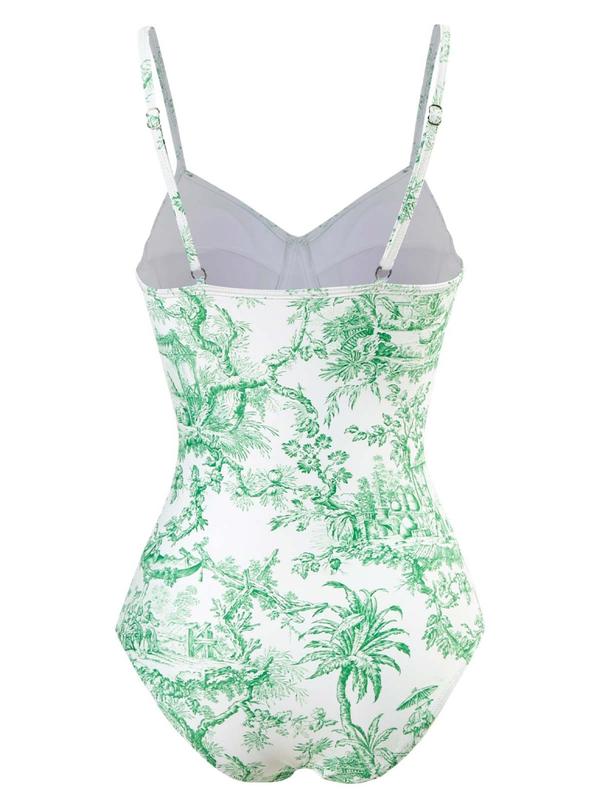 2 Counts Women's Summer Plants Print One Piece Swimsuit & Contrast Mesh Skirt Set,  Two Piece Set Elegant Adjustable Spaghetti Strap Backless Bodysuit & High Waist Knot Skirt Swimsuit Sets, Summer Outfits, Bathing Suits for Women, Minimalistic Outfit