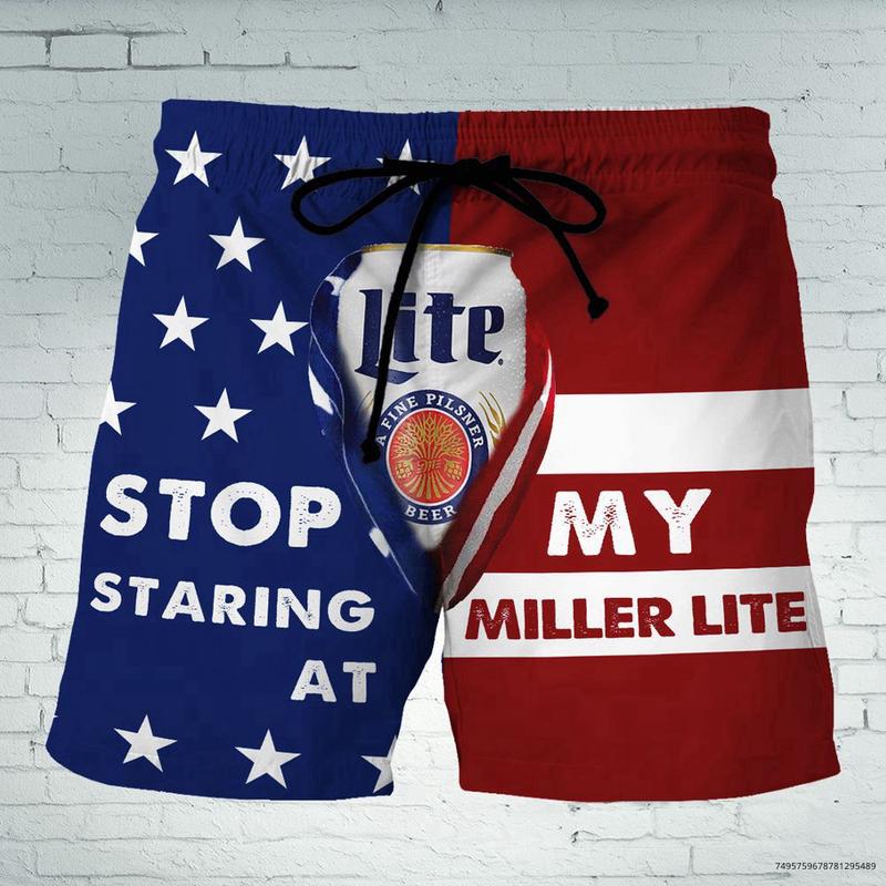 Miller Lite US Flag Beach Short   Twisted Tea Swim Trunks, 4th Of July Gift, Hawaiian Shorts