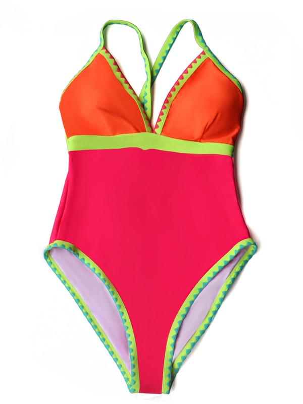 Women's Patchwork Criss Cross One-piece Swimsuit, Casual Backless Sleeveless Tie Back Swimwear, Bathing Suits 2024 for Women, Back To School Outfits, Tummy Control Swimwear