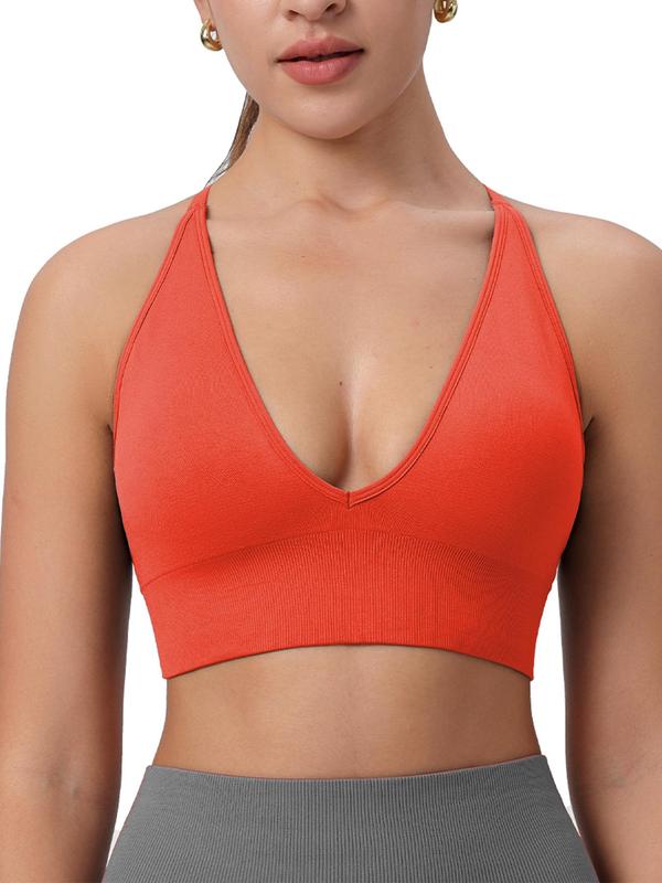 Women's Criss Cross Backless Deep V Neck Sports Bra, Solid Adjustable Strap Removable Padded Sports Bra, Gym Clothes, Ladies Sportswear for Indoor Outdoor Wear