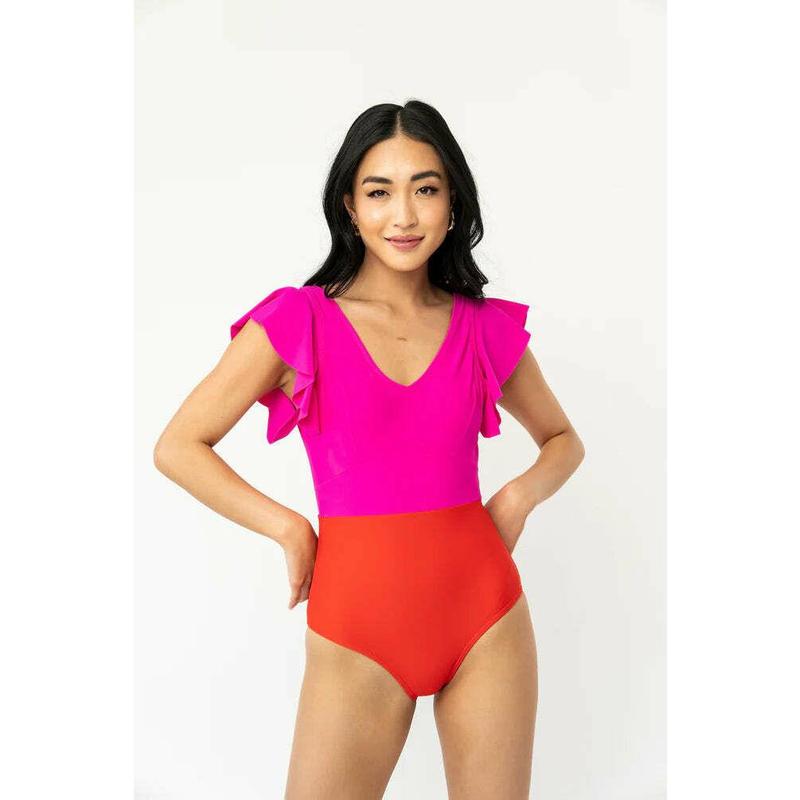 One Piece Backless Swimsuit- Pink & Red Colorblock