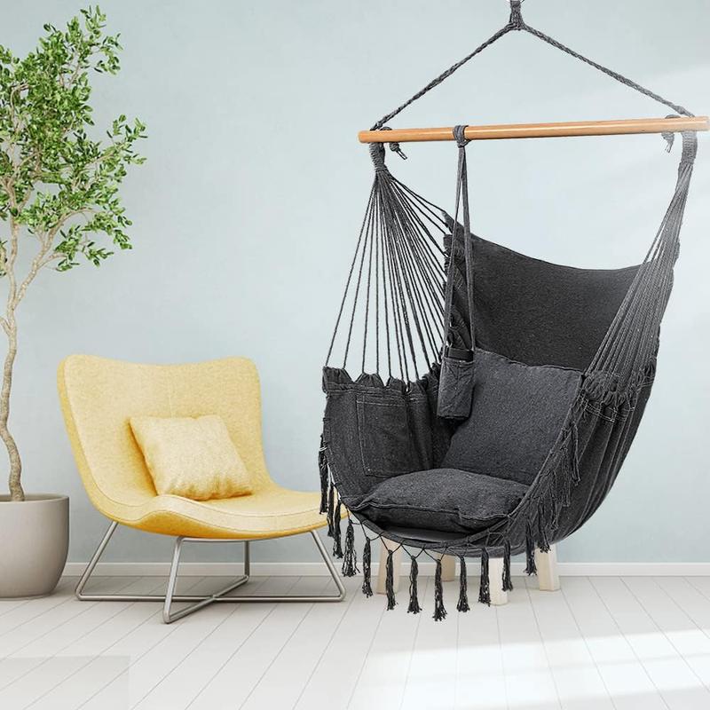 XXL Hammock Chair Macrame Hanging Rope Swing Seat w Side Pocket, Includes Drink Holder 2 Cushions Carry Bag All Hanging Hardware for Patio Bedrooms Indoor Outdoor (Grey)