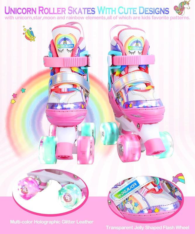 Rainbow Unicorn Kids Roller Skates for Girls Boys Toddler Ages 3-6,4-Pejiijar Adjustable Roller Shoes with Luminous Wheels for Birthday Xmas Gifts roller skate