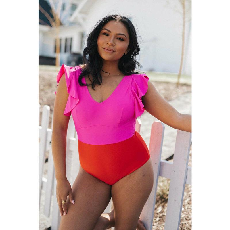 One Piece Backless Swimsuit- Pink & Red Colorblock